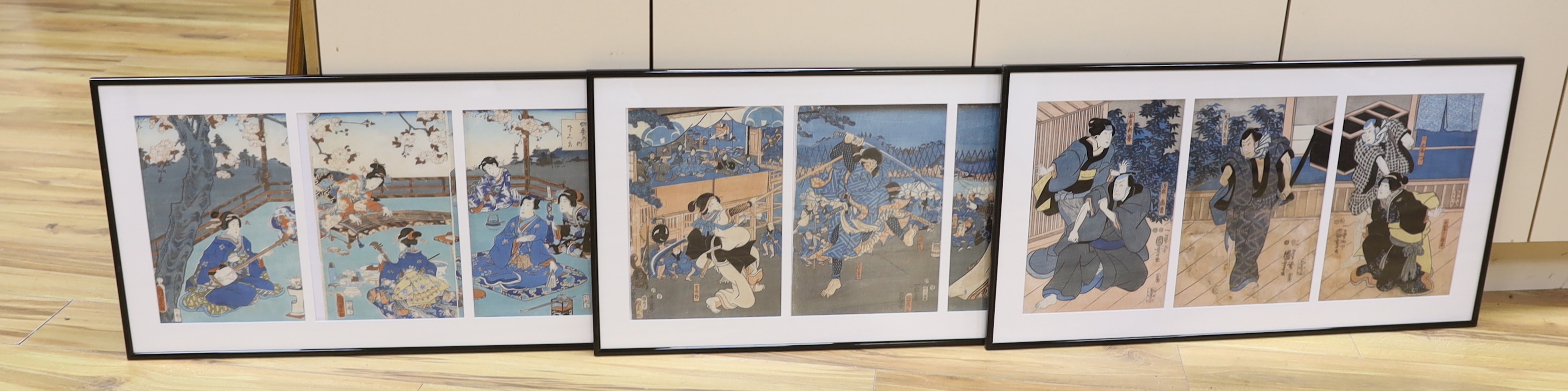 A set of three Japanese triptych woodblock prints, including after Kuniyochi (1798-1861), scene of Kabul, and after Kuni Sada (1786-1865), Shi Kino Uchi Sakura, largest overall 75cm x 35cm